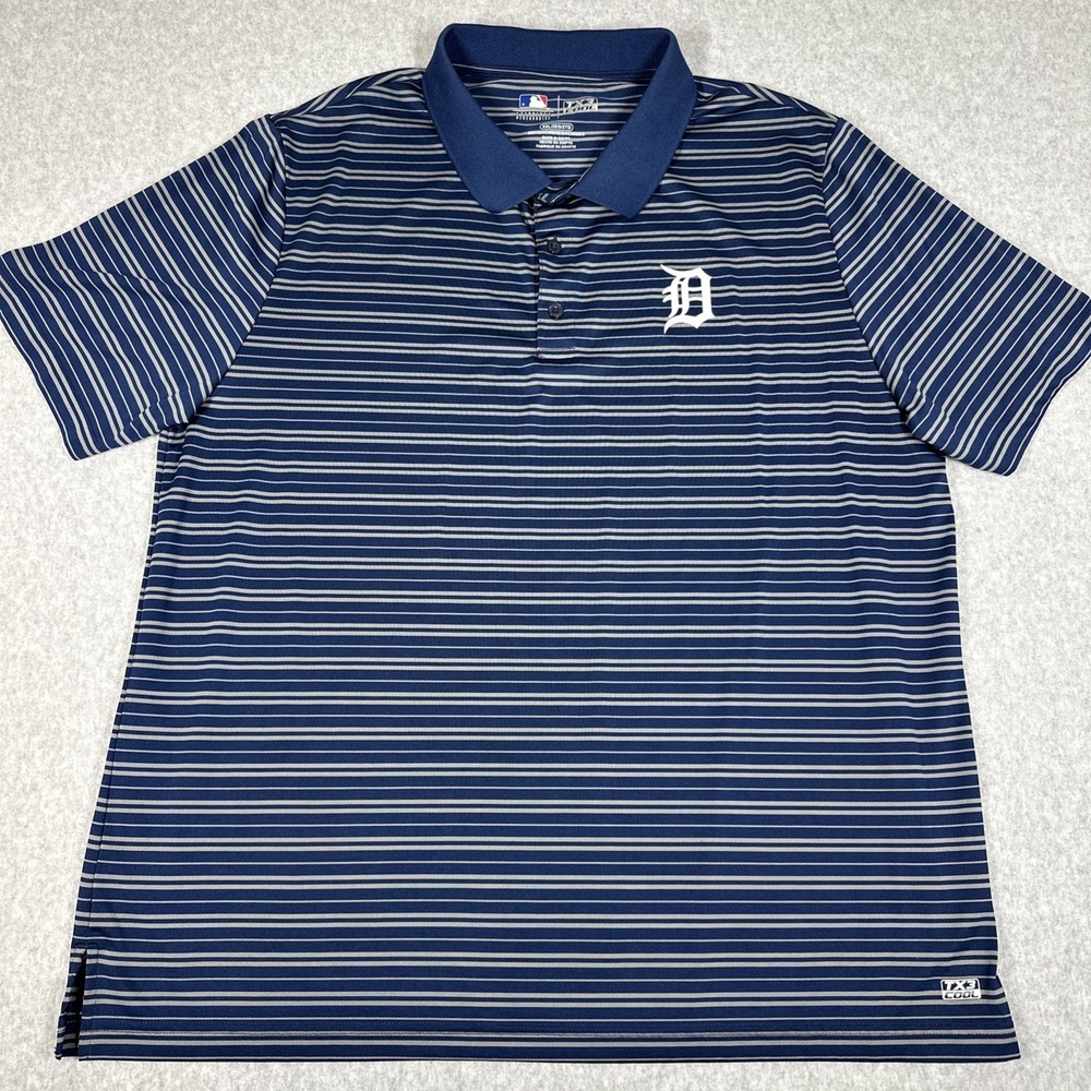 MLB Detroit Tigers Polo Shirt Men's XXL Blue Grey Striped TX3 Cool Logo